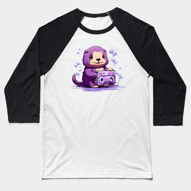 Cute sea otter listen music on the Purple tape cassette Baseball T-Shirt by MilkyBerry